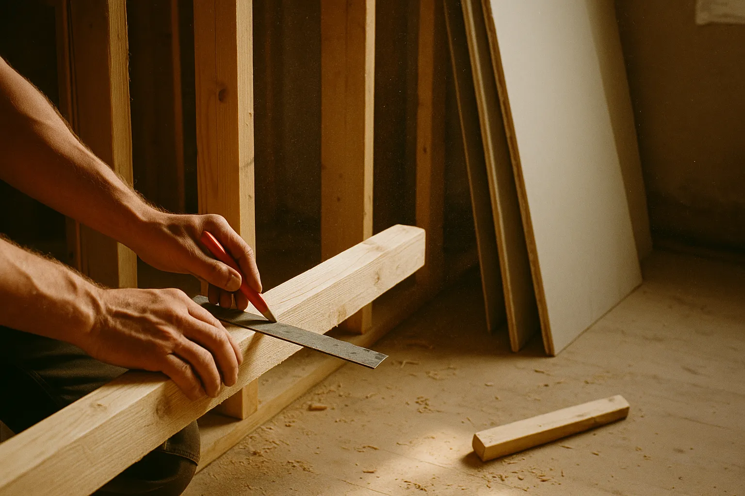 Indvendig renovering med råt træ og byggematerialer